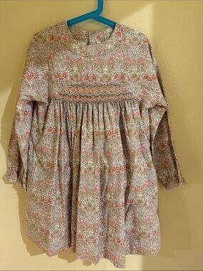 Bonpoint Pink and Cream Smocked Floral Long-Sleeve Dress